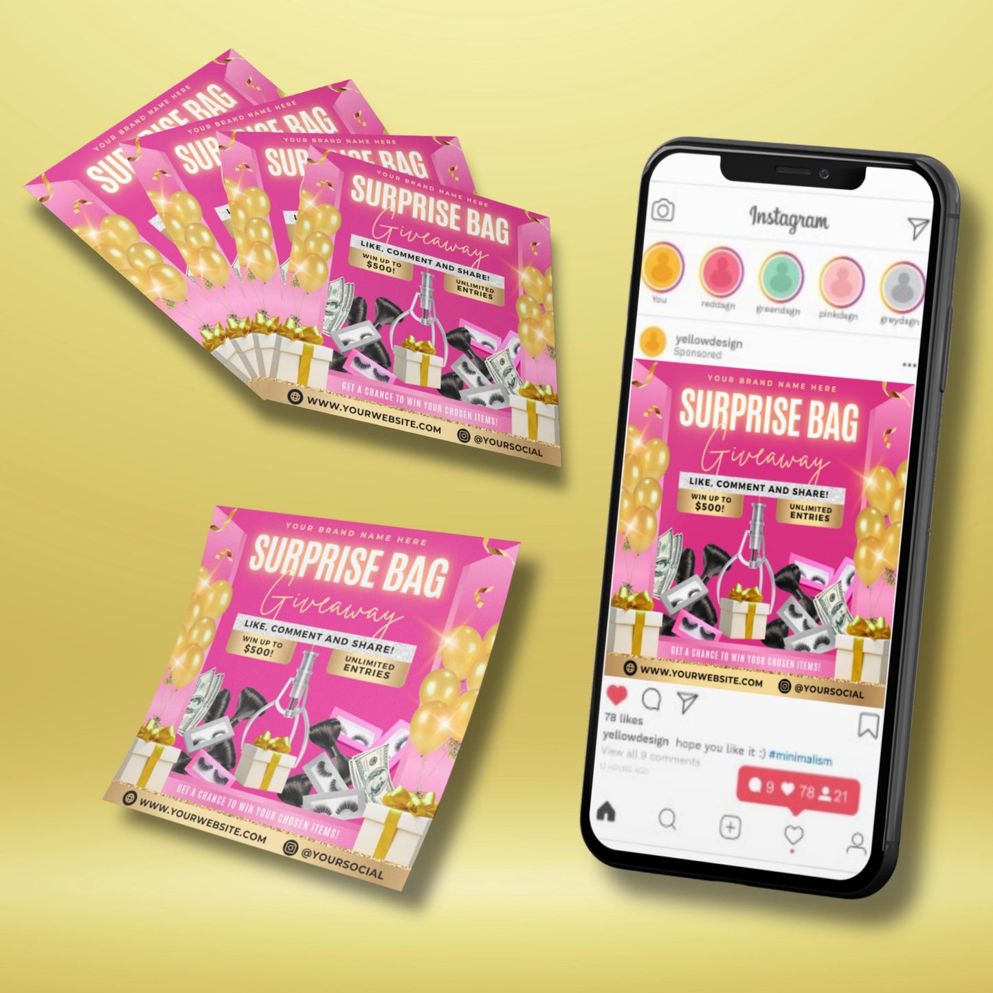 pink glam beauty giveaway flyer template for hair lash mua businesses

editable canva giveaway flyer with gold balloons and money graphics

surprise bag giveaway social media post template for beauty brands

beauty business marketing flyer for lash and hair stylists

editable pink and gold canva flyer for salon giveaway promotions