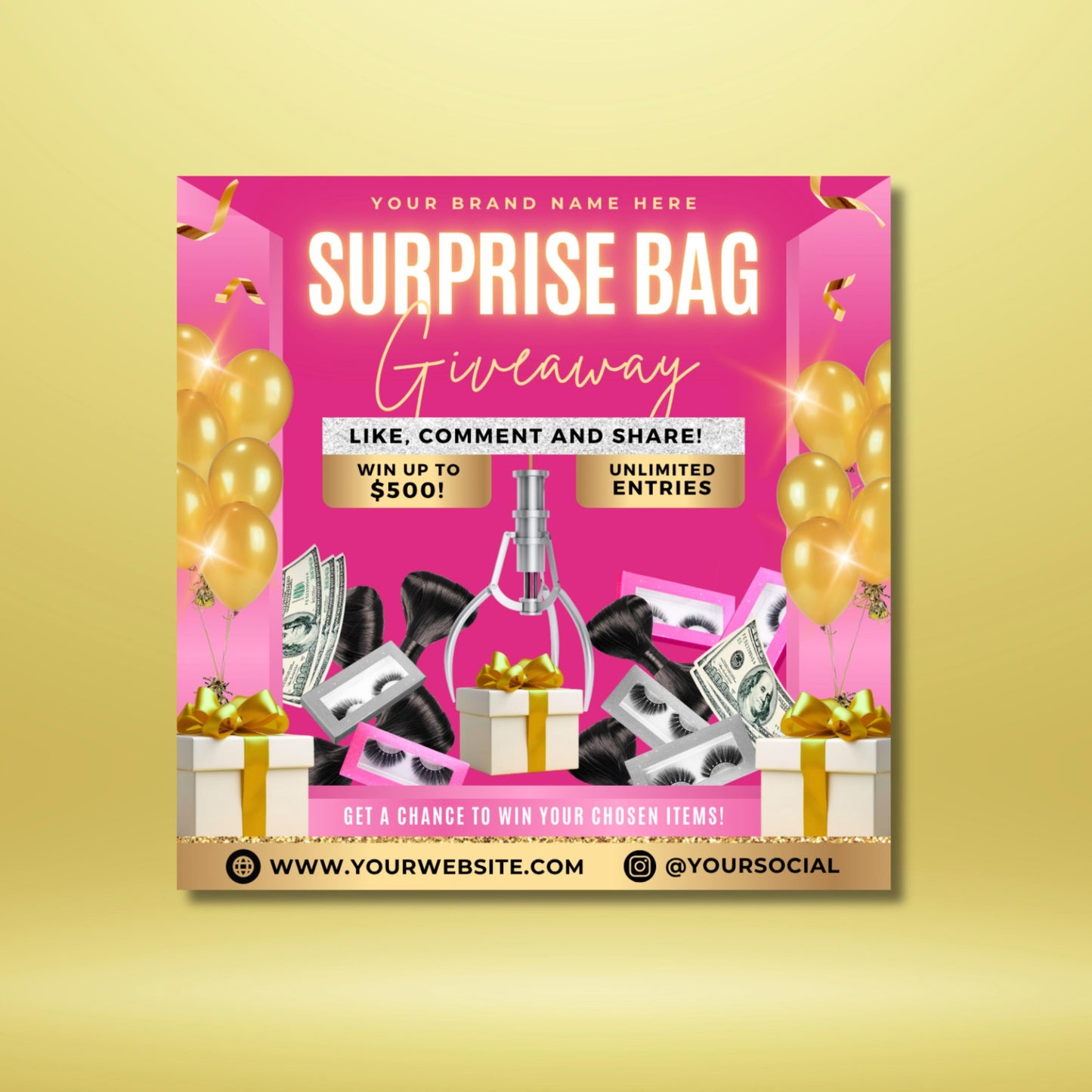 pink glam beauty giveaway flyer template for hair lash mua businesses

editable canva giveaway flyer with gold balloons and money graphics

surprise bag giveaway social media post template for beauty brands

beauty business marketing flyer for lash and hair stylists

editable pink and gold canva flyer for salon giveaway promotions