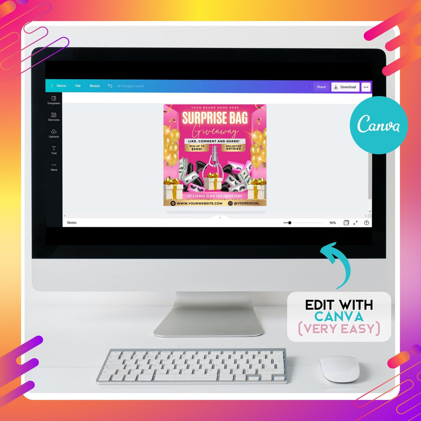 pink glam beauty giveaway flyer template for hair lash mua businesses

editable canva giveaway flyer with gold balloons and money graphics

surprise bag giveaway social media post template for beauty brands

beauty business marketing flyer for lash and hair stylists

editable pink and gold canva flyer for salon giveaway promotions