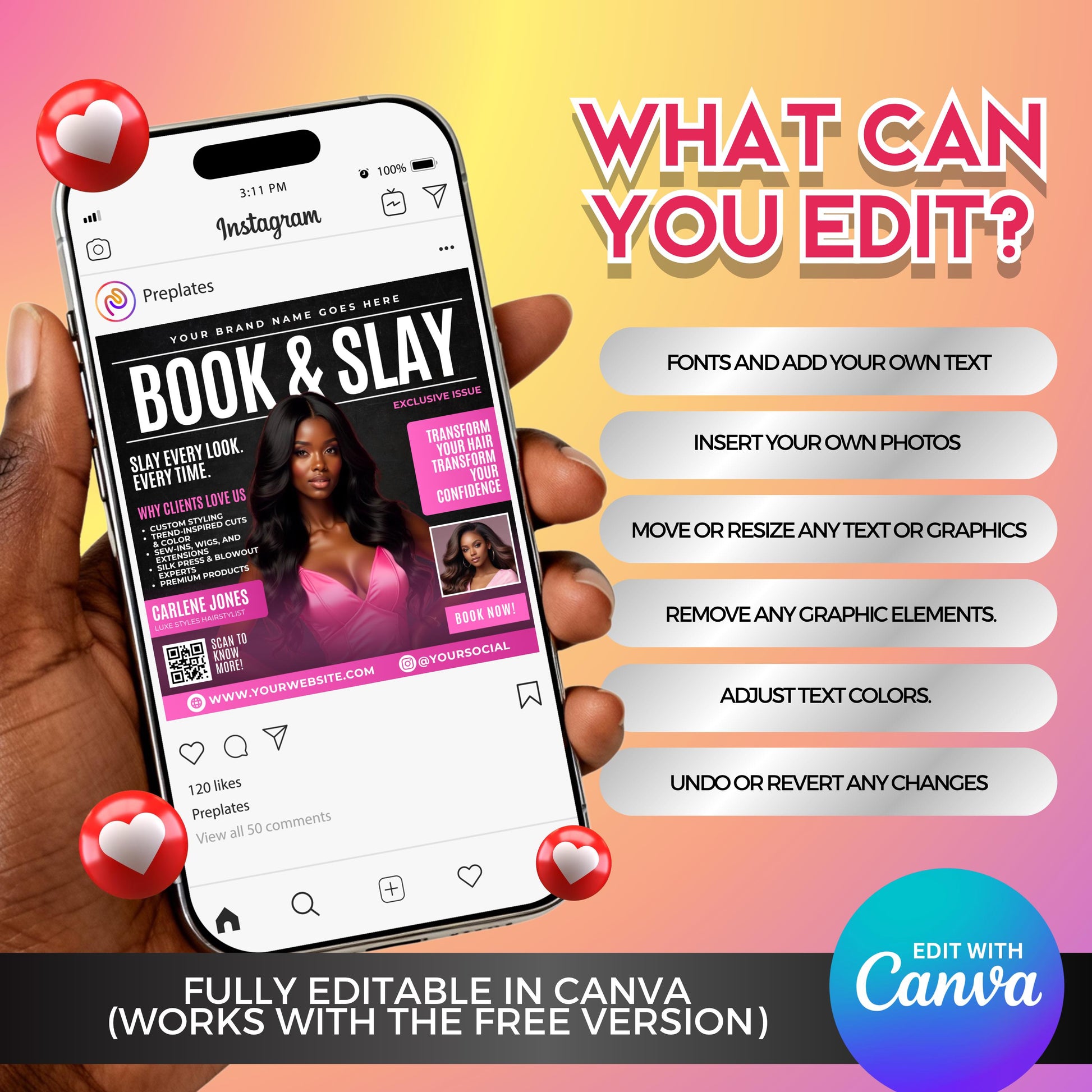 “Editable Book & Slay flyer template in Canva, magazine-style beauty promo design for hairstylists and wig specialists in pink and black theme.”
“Modern hair stylist flyer for booking promotions, editable Canva template featuring Book & Slay headline and beauty model.”
“Pink and black salon flyer template for wigs, sew-ins, and hair services, editable in Canva for hairstylists.”
Beauty marketing flyer for hairstylists and salons, Book & Slay Canva design to promote hair services and bookings.
