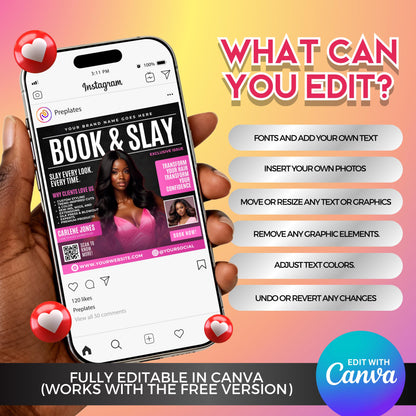“Editable Book & Slay flyer template in Canva, magazine-style beauty promo design for hairstylists and wig specialists in pink and black theme.”
“Modern hair stylist flyer for booking promotions, editable Canva template featuring Book & Slay headline and beauty model.”
“Pink and black salon flyer template for wigs, sew-ins, and hair services, editable in Canva for hairstylists.”
Beauty marketing flyer for hairstylists and salons, Book & Slay Canva design to promote hair services and bookings.
