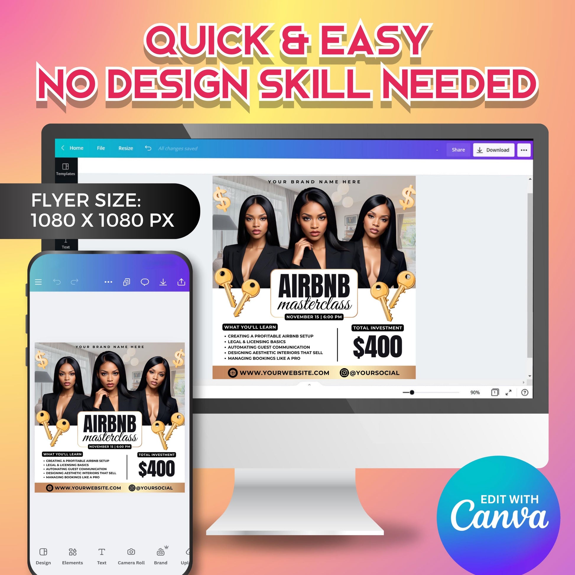 Editable Airbnb Masterclass Flyer Template for Canva — modern real estate workshop flyer design for Airbnb hosts, real estate investors, and short-term rental business owners.