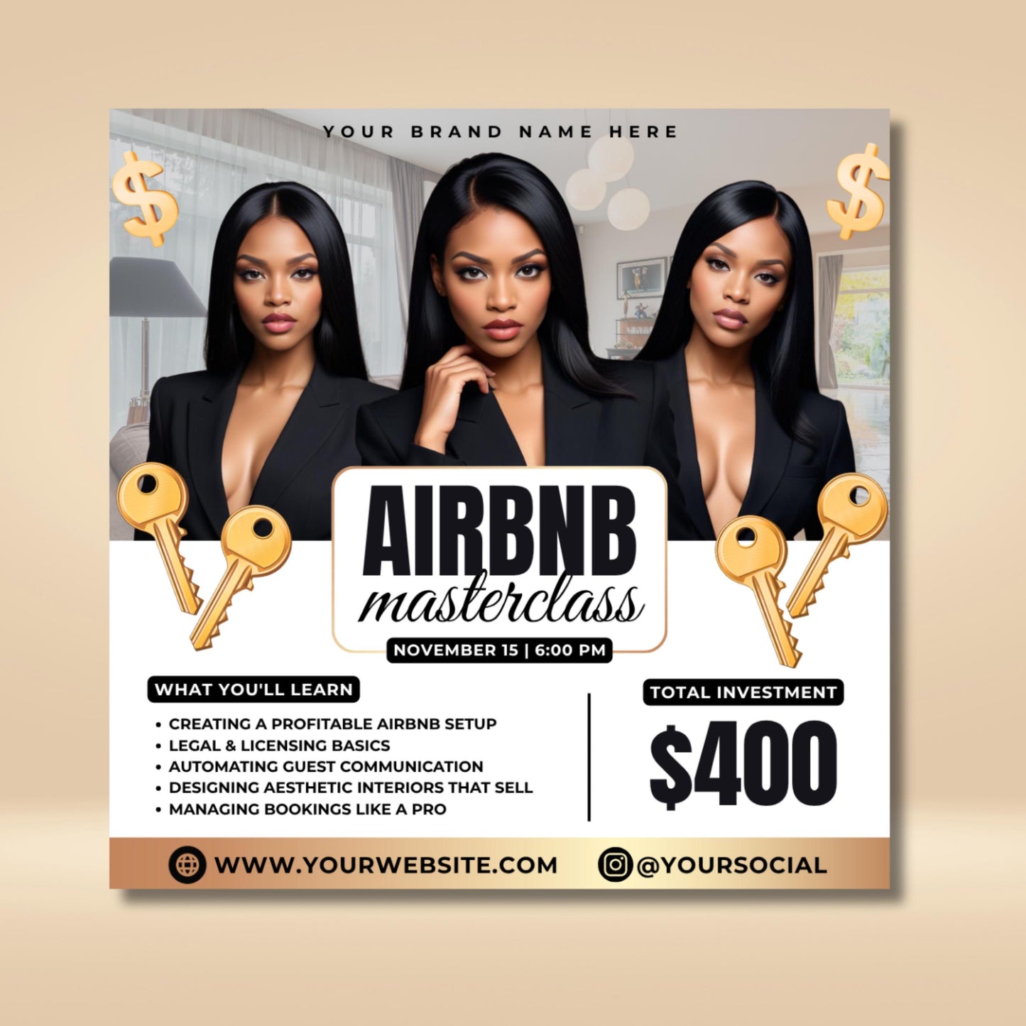 editable airbnb masterclass flyer template for canva — modern real estate workshop flyer design for airbnb hosts, real estate investors, and short-term rental business owners.