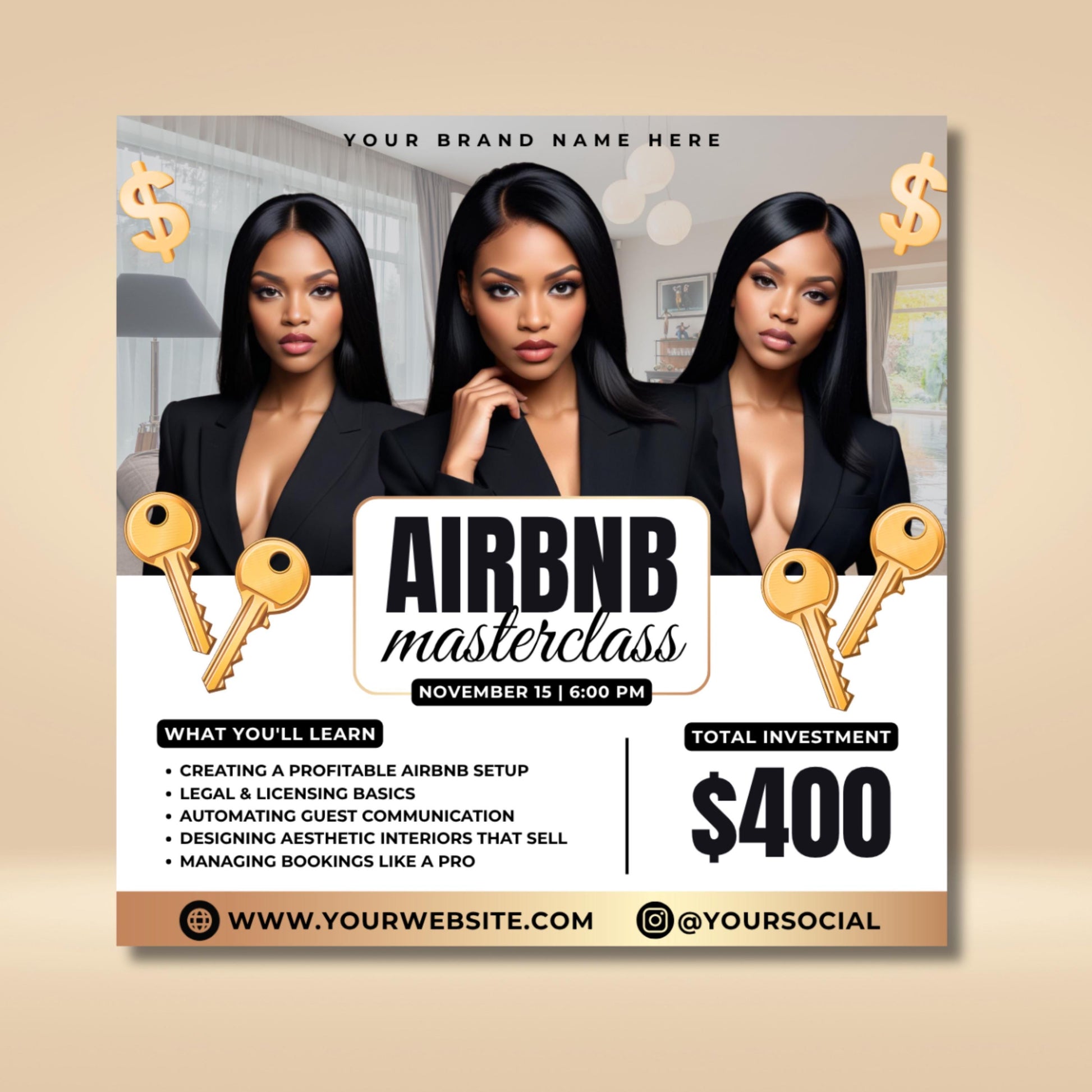 Editable Airbnb Masterclass Flyer Template for Canva — modern real estate workshop flyer design for Airbnb hosts, real estate investors, and short-term rental business owners.