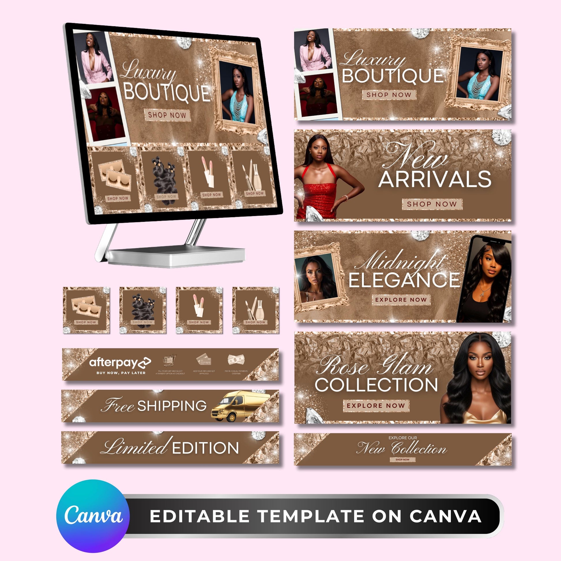 Rose Gold Website Banner Set: Beauty Boutique Web Banners for Hair & Lash, Shopify Canva Template