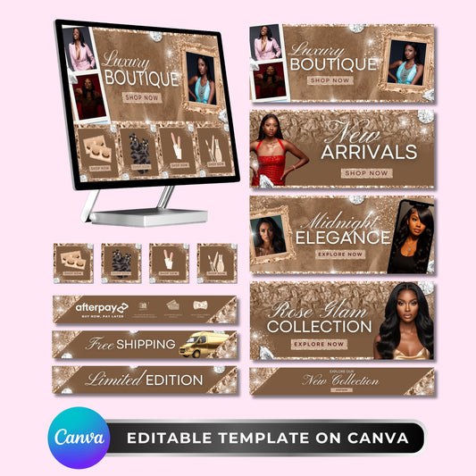 Rose Gold Website Banner Set: Beauty Boutique Web Banners for Hair & Lash, Shopify Canva Template