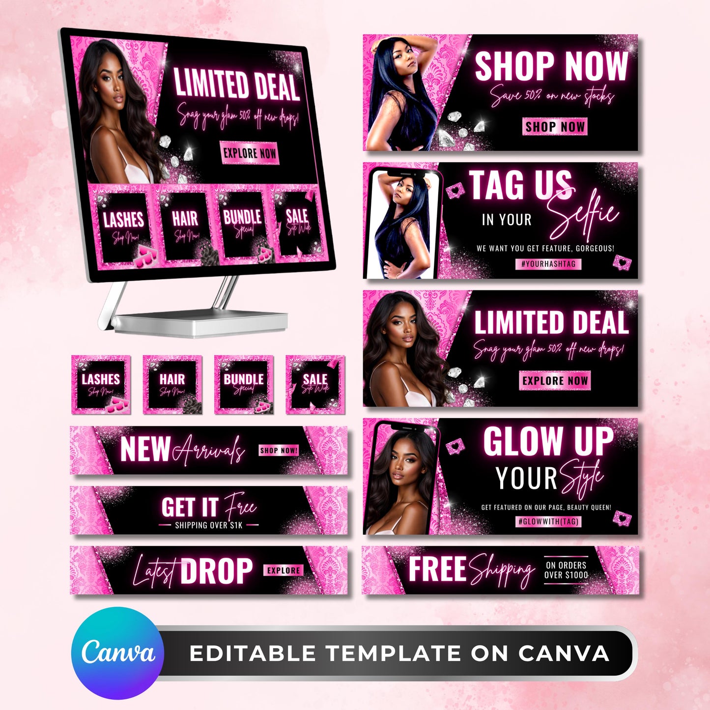 “editable hot pink website banner set for beauty, hair, and lash brands, bold glam canva templates.”

“shopify and wix web banners in pink and black glitter style for boutiques and salons.”

“glam beauty web banners for online stores, editable canva templates in pink theme.”

“lash, hair, and beauty website banner templates for shopify or wix, pink and sparkly design.”

“hot pink glam website banner set for beauty boutiques and hair businesses.”