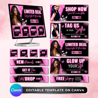 “Editable hot pink website banner set for beauty, hair, and lash brands, bold glam Canva templates.”

“Shopify and Wix web banners in pink and black glitter style for boutiques and salons.”

“Glam beauty web banners for online stores, editable Canva templates in pink theme.”

“Lash, hair, and beauty website banner templates for Shopify or Wix, pink and sparkly design.”

“Hot pink glam website banner set for beauty boutiques and hair businesses.”