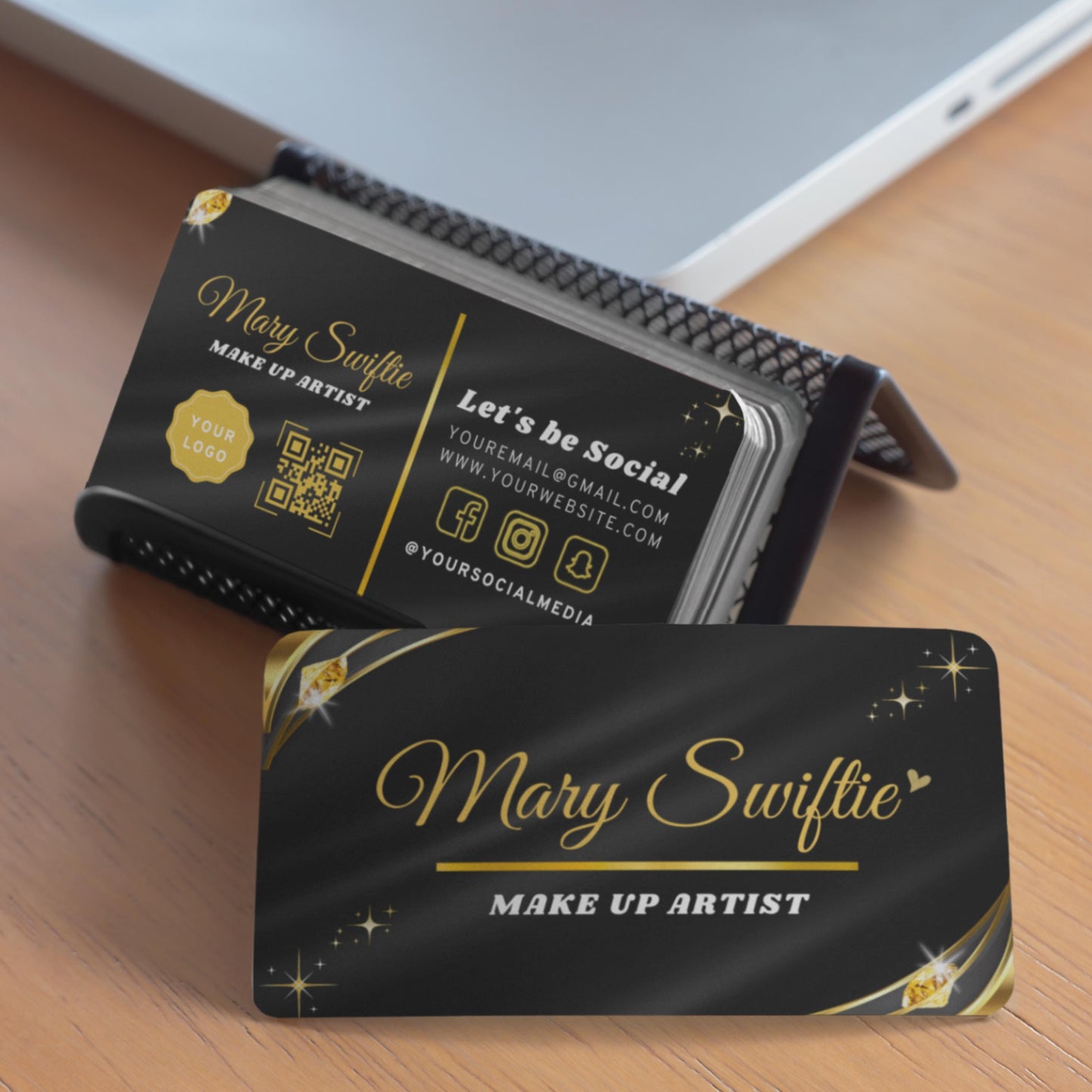 double-sided editable business card template in canva — perfect for beauty salon professionals, hair stylists, muas, and lash techs wanting a bold, black and gold branding identity.
