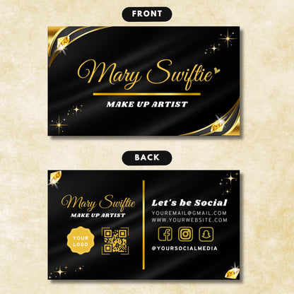 Editable beauty business card Canva template for hairstylists, lash techs, nail artists, and MUAs — luxury black and gold theme that reflects confidence, glamour, and professionalism in every detail.
