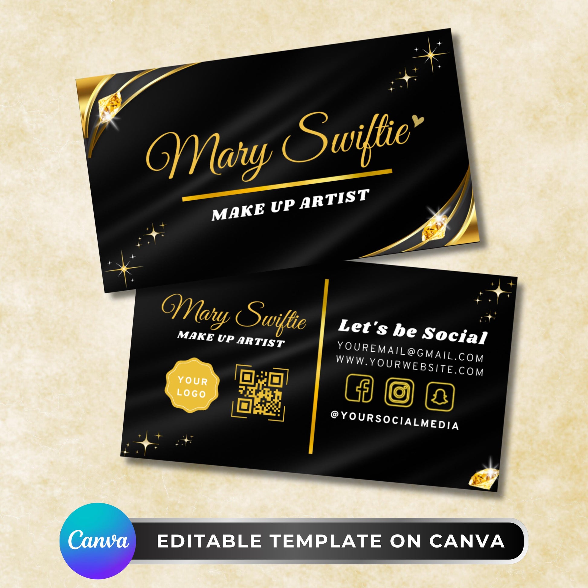 Modern black and gold luxury salon business card template for hairstylists, MUAs, lash techs, and beauty professionals — editable in Canva to customize your salon branding, contact details, and logo for a polished professional look.