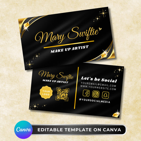 Modern black and gold luxury salon business card template for hairstylists, MUAs, lash techs, and beauty professionals — editable in Canva to customize your salon branding, contact details, and logo for a polished professional look.