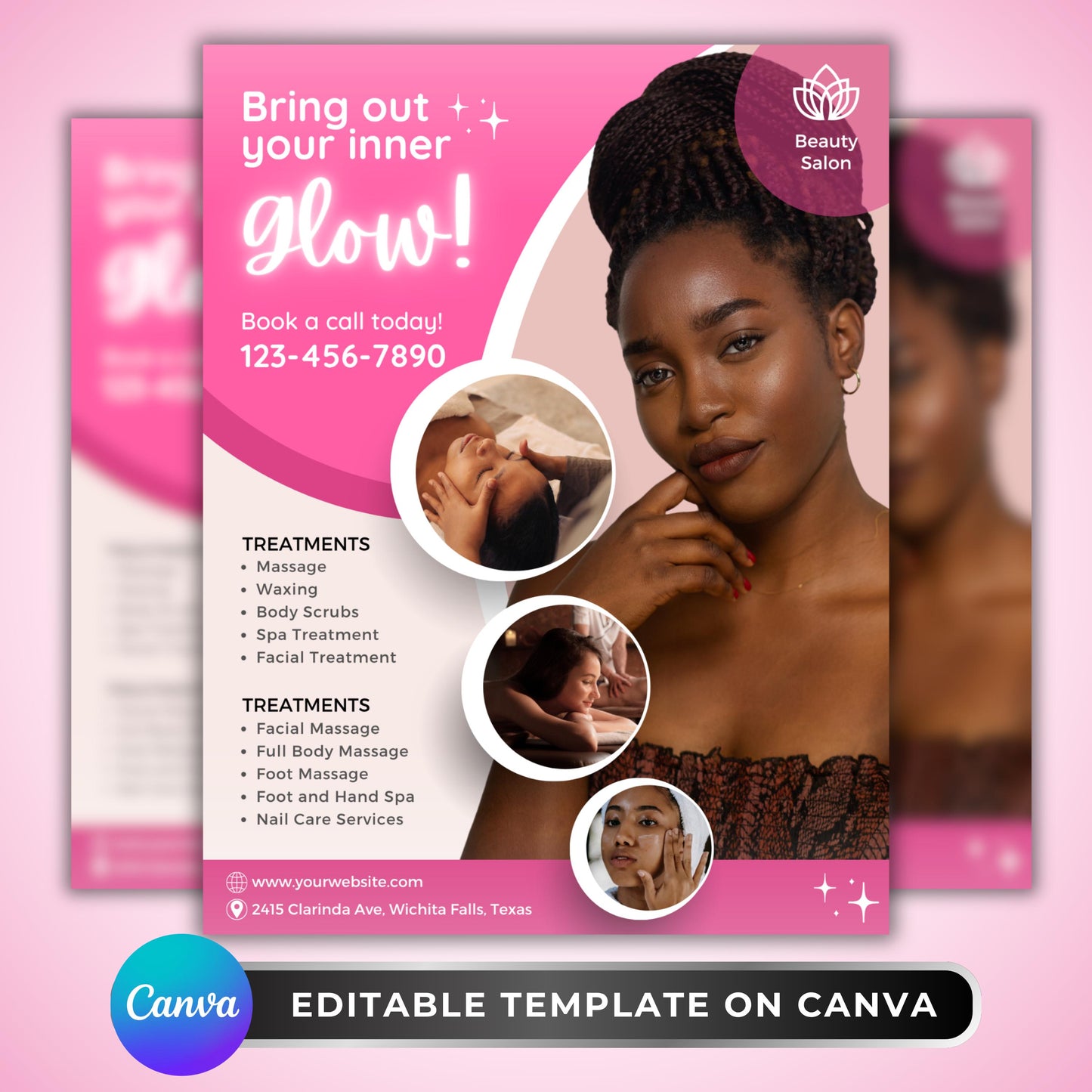 “editable beauty salon flyer template in pink and white tones, canva spa promotion design for facials and massage services.”

“spa flyer template promoting beauty treatments and skincare packages, customizable canva design for salons.”

“professional salon marketing flyer for estheticians and spas, editable canva layout in pink aesthetic.”

“facial and massage flyer template for beauty salons, self-care spa design editable in canva.”