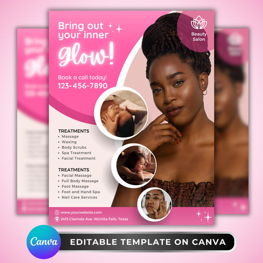 “Editable beauty salon flyer template in pink and white tones, Canva spa promotion design for facials and massage services.”

“Spa flyer template promoting beauty treatments and skincare packages, customizable Canva design for salons.”

“Professional salon marketing flyer for estheticians and spas, editable Canva layout in pink aesthetic.”

“Facial and massage flyer template for beauty salons, self-care spa design editable in Canva.”
