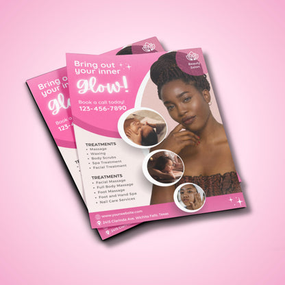 “Editable beauty salon flyer template in pink and white tones, Canva spa promotion design for facials and massage services.”

“Spa flyer template promoting beauty treatments and skincare packages, customizable Canva design for salons.”

“Professional salon marketing flyer for estheticians and spas, editable Canva layout in pink aesthetic.”

“Facial and massage flyer template for beauty salons, self-care spa design editable in Canva.”