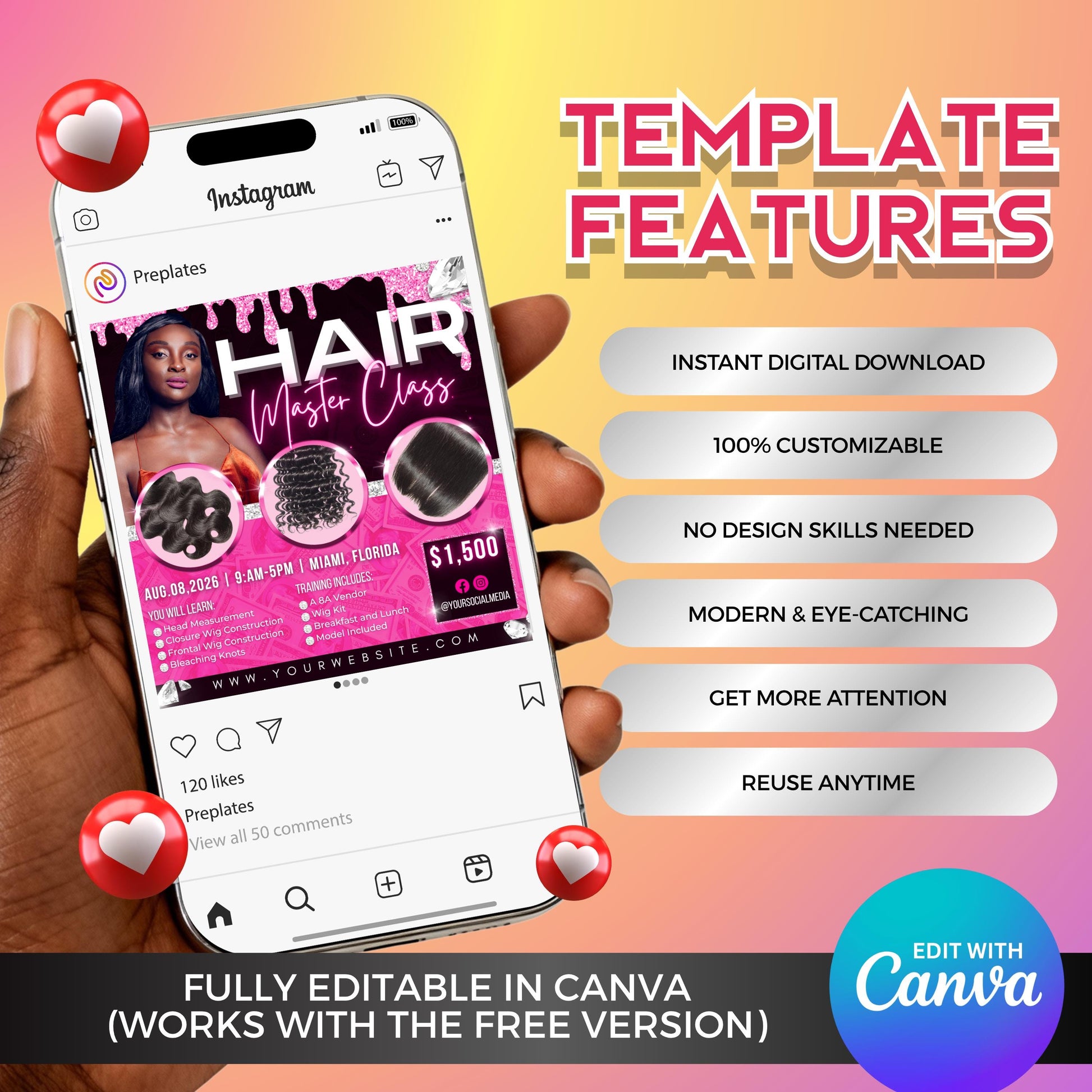 Editable hair masterclass flyer Canva template for beauty educators and hairstylists to promote training classes, wig workshops, and in-person beauty events with a glam pink design and modern typography.