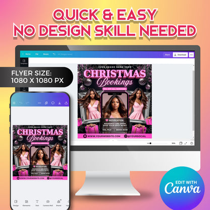 Christmas booking flyer template for lash, wig, and nail artists to boost December appointments.