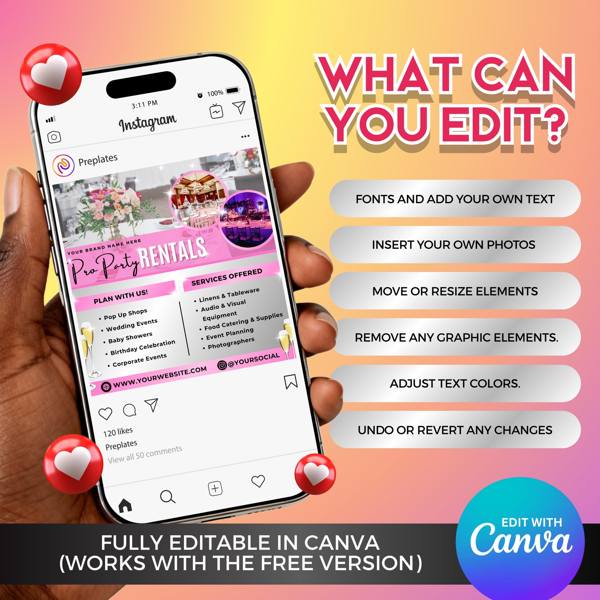 Pro party rentals flyer with elegant layout, perfect for event planners, wedding coordinators, and rental businesses.