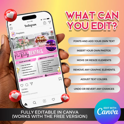 Pro party rentals flyer with elegant layout, perfect for event planners, wedding coordinators, and rental businesses.