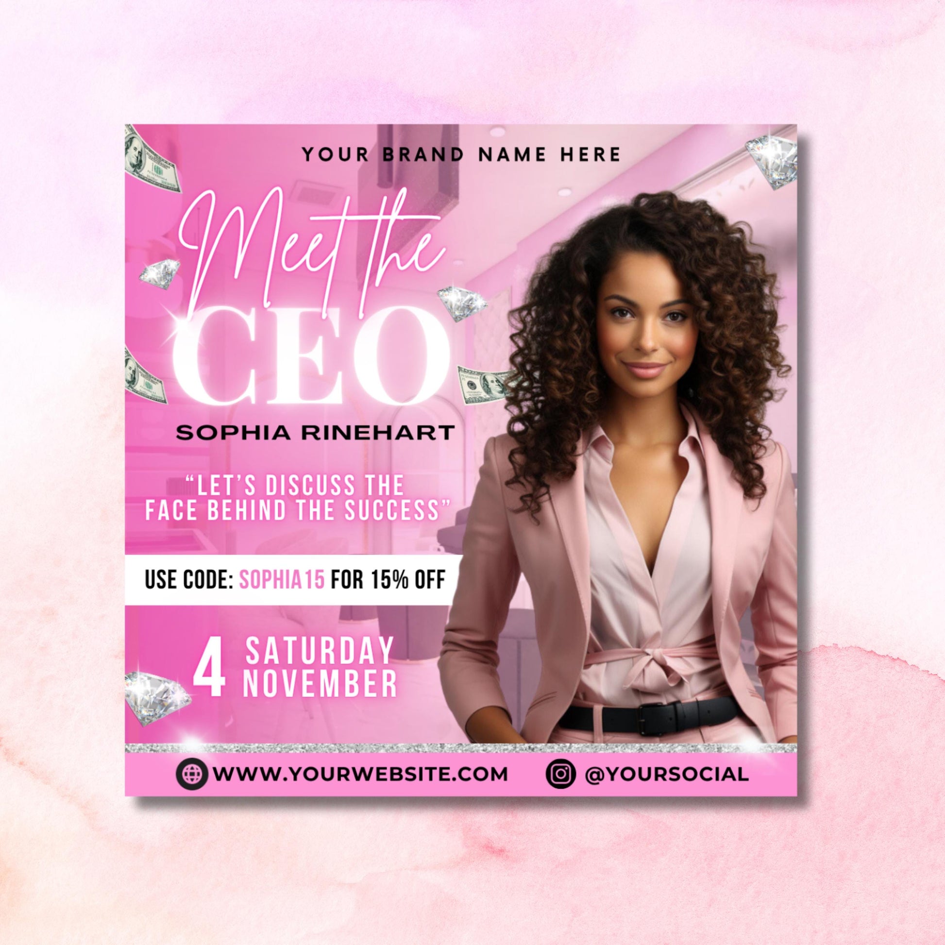 Modern pink CEO flyer for entrepreneurs, editable Canva marketing template for boss babes and coaches.