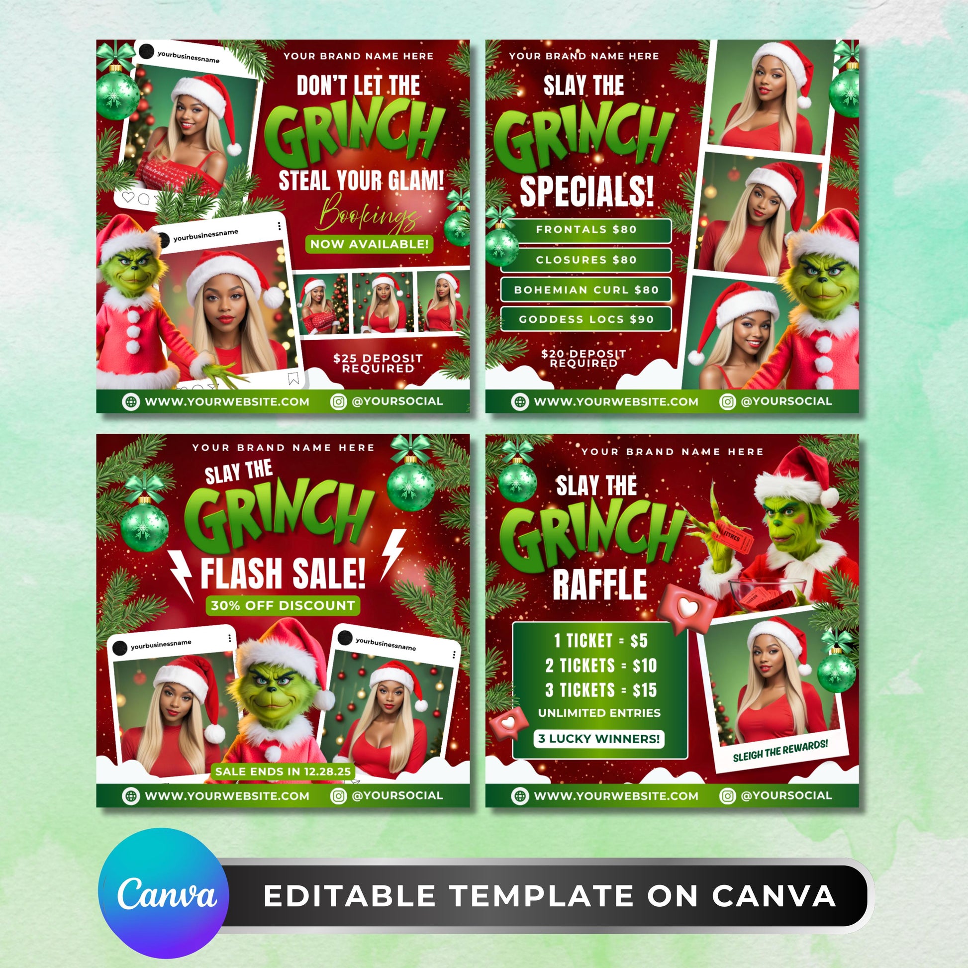 Salon Christmas flyer bundle in Canva, red and green festive beauty business templates.