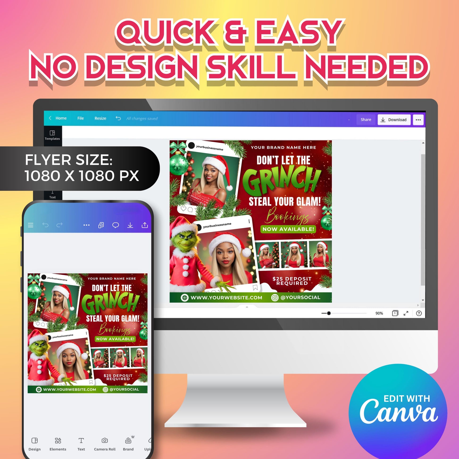 Editable Christmas beauty flyer bundle, Slay the Grinch holiday Canva templates for salon owners and lash techs.