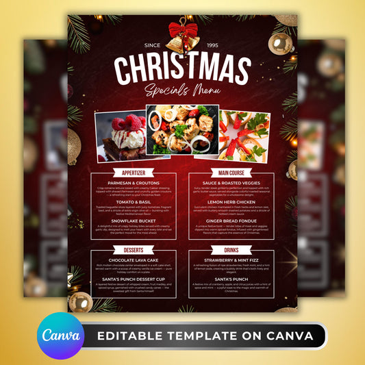 Editable Christmas Specials Menu Flyer for restaurants and cafes, red festive Canva template promoting holiday dining offers.