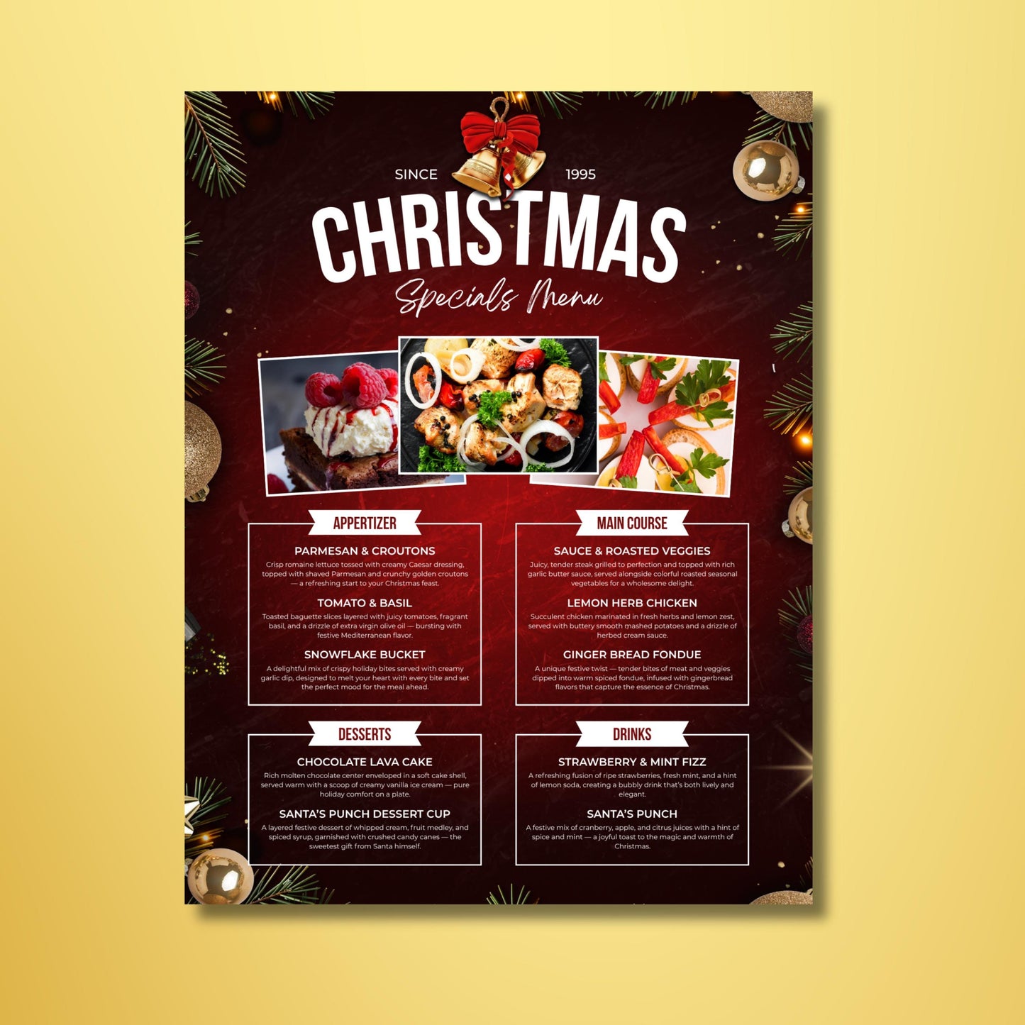 cafe and catering christmas specials flyer template, perfect for promoting holiday meals and drinks.