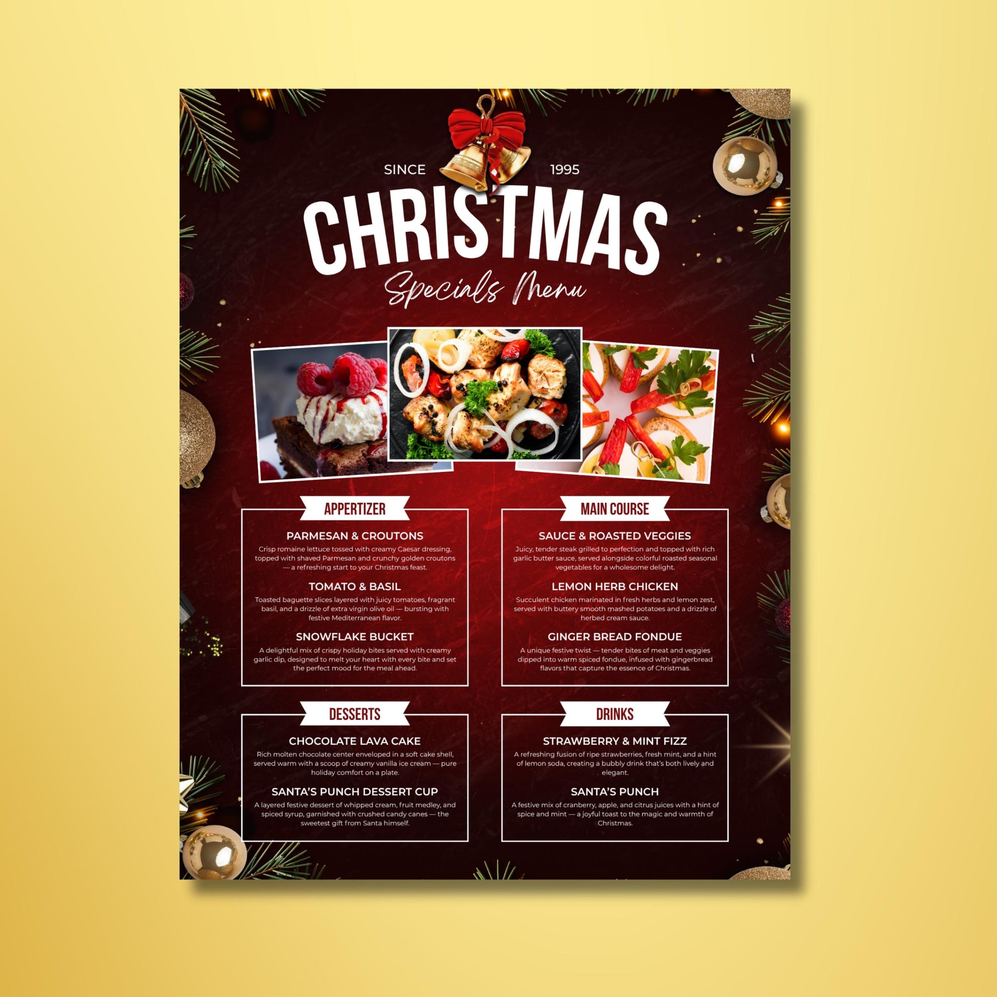 Cafe and catering Christmas Specials flyer template, perfect for promoting holiday meals and drinks.