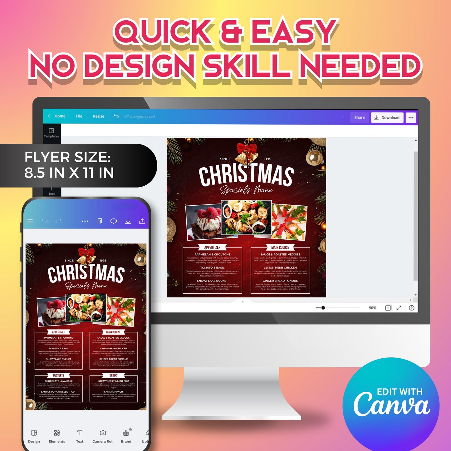 editable canva holiday menu flyer for restaurants, showcasing elegant food photography and christmas design.