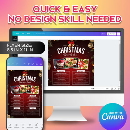 Editable Canva holiday menu flyer for restaurants, showcasing elegant food photography and Christmas design.
