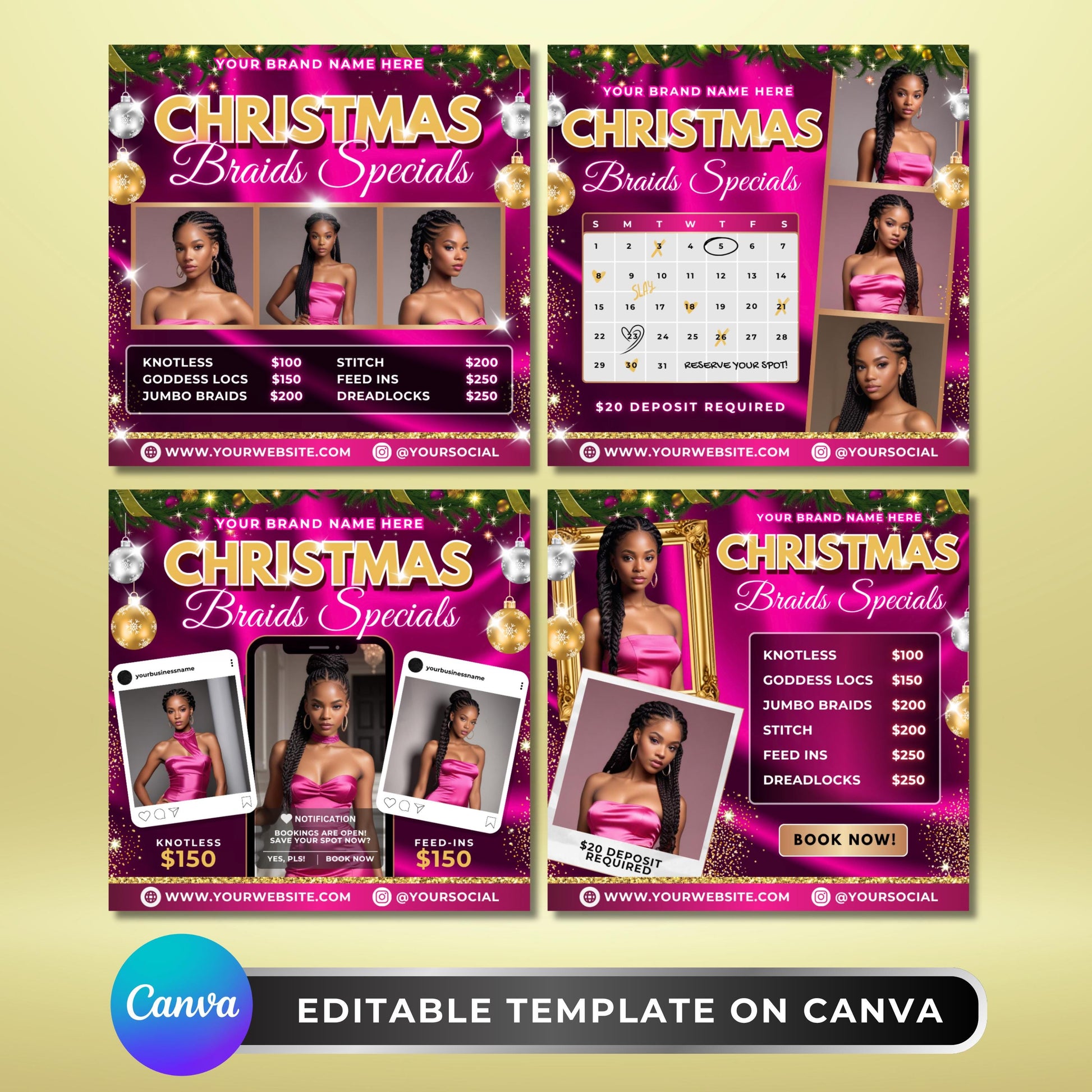 4-in-1 Christmas hair flyer bundle in pink and gold, holiday braid specials promo templates.