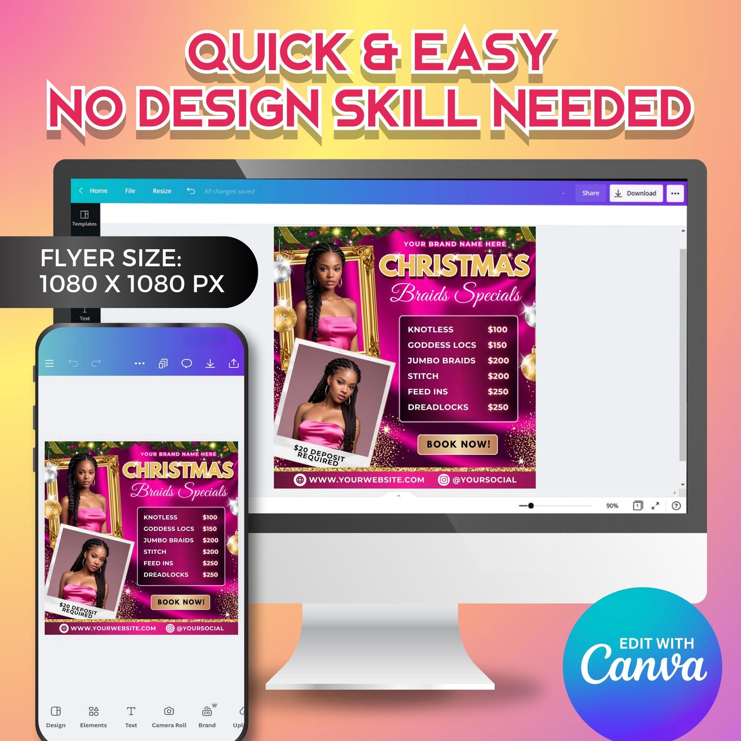 pink christmas braid flyer set for december promotions and salon marketing, canva editable template.