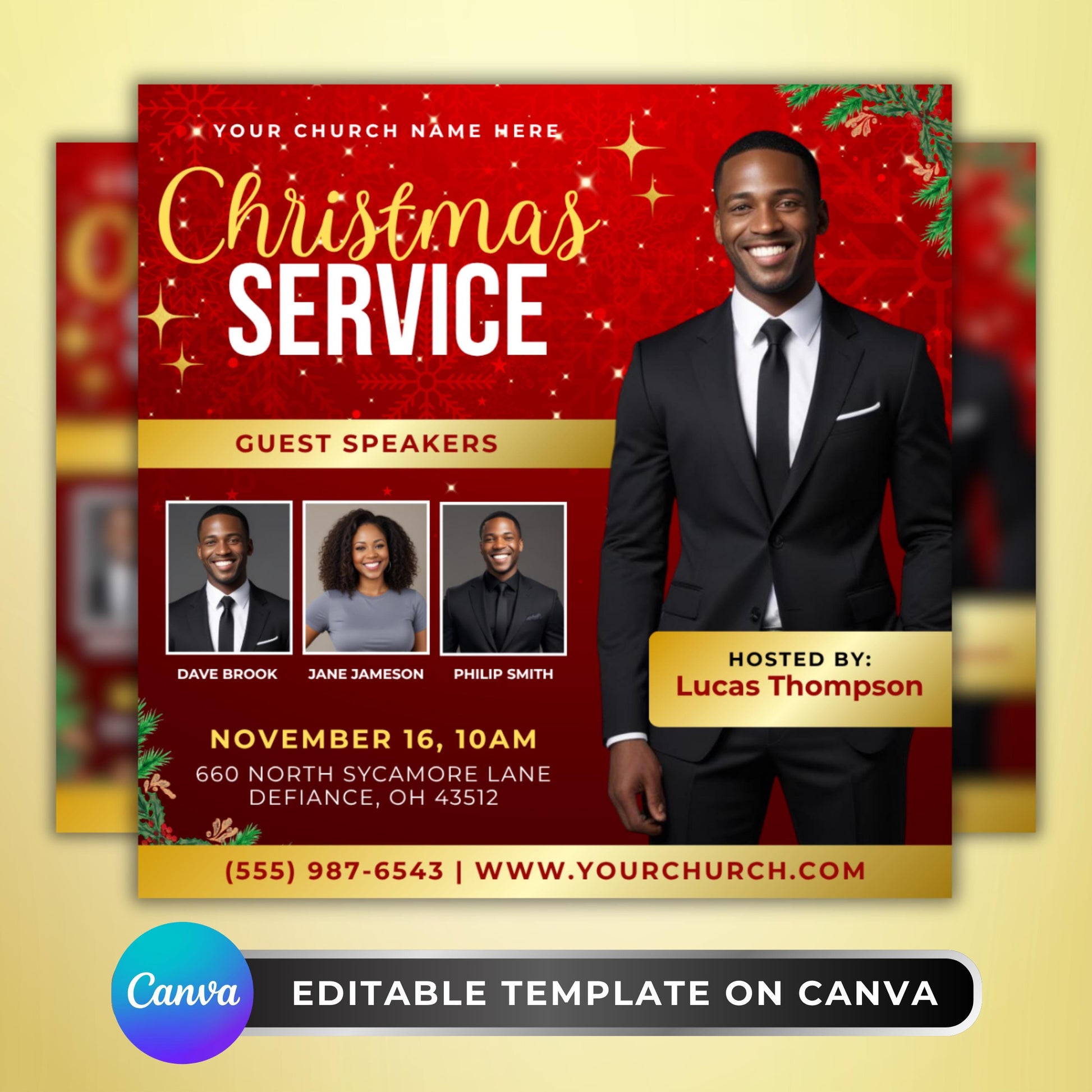 Editable Christmas church flyer template for holiday services, red and gold Canva design with guest speakers and worship details.