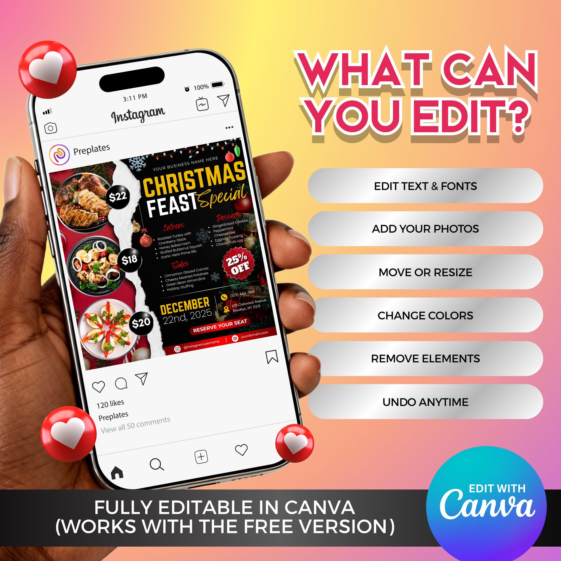 Holiday feast menu flyer with entrée, sides, and dessert layout, perfect for Christmas dinner promotions.