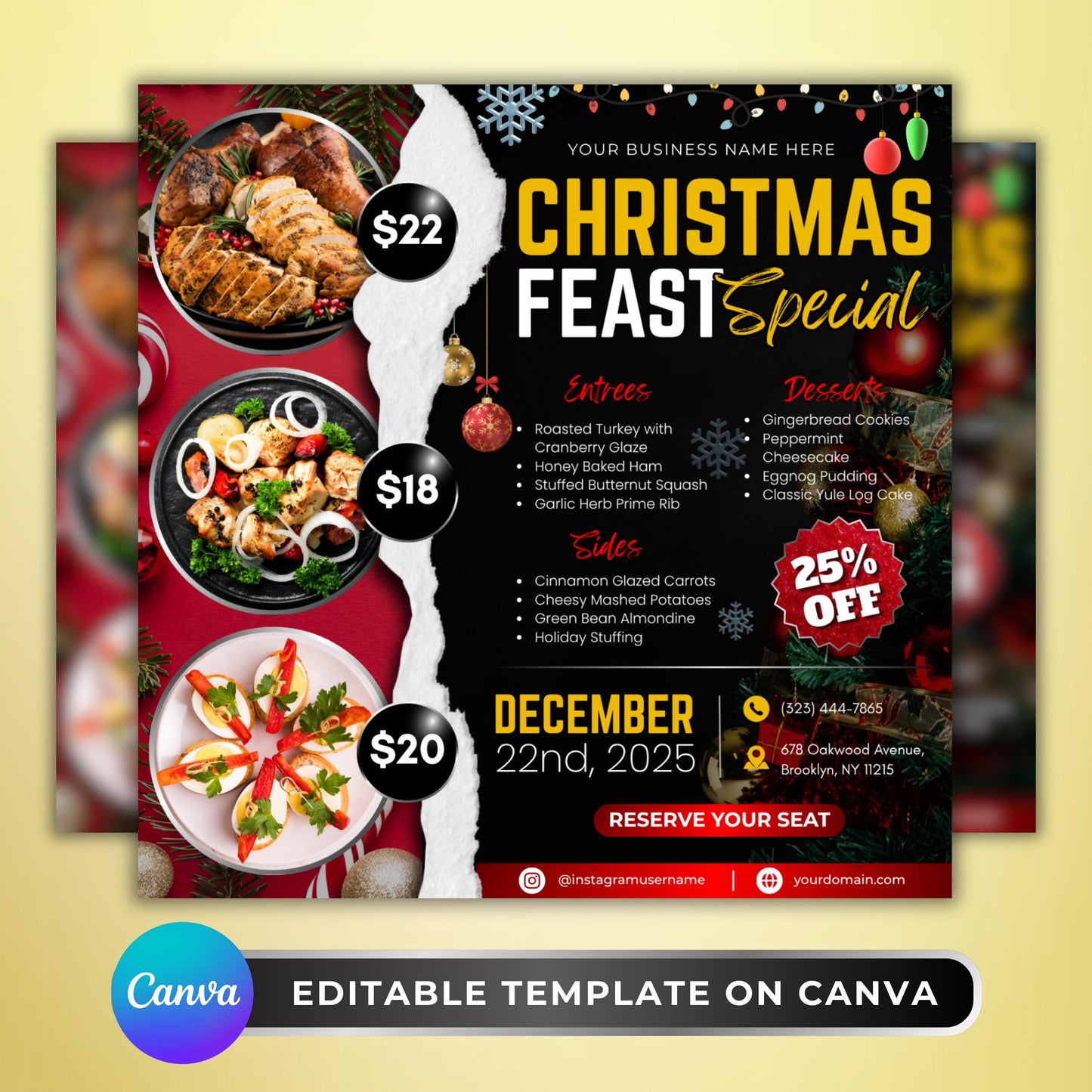 editable christmas dinner specials flyer in red and gold, canva template for restaurants, cafes, and holiday catering events.