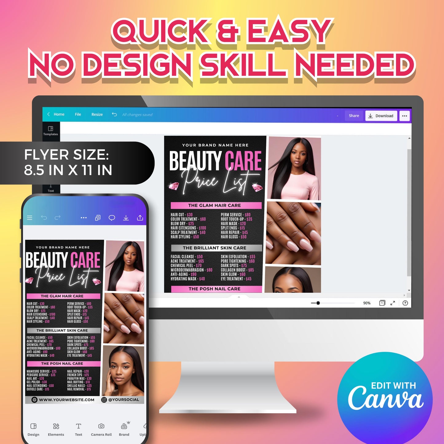 editable beauty business price list for nail techs and hairstylists, printable canva template.