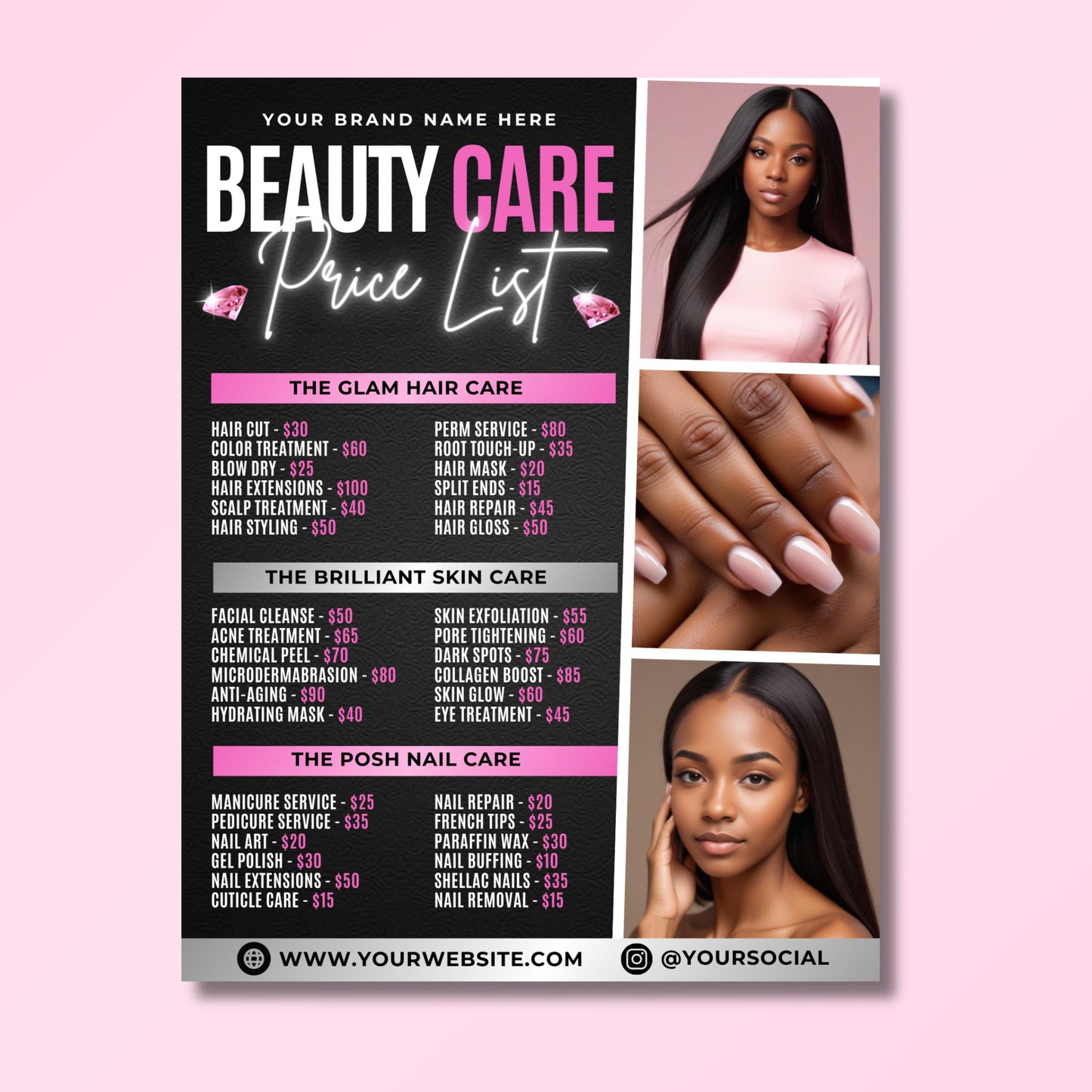 modern black and pink spa service flyer template, customizable canva design for salon price display.