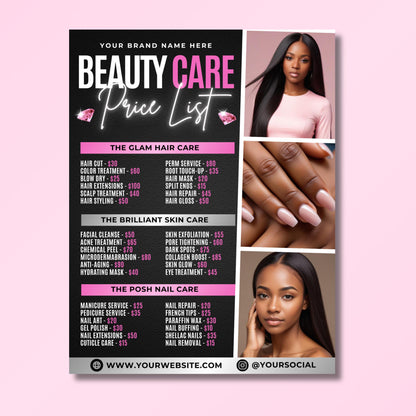 Modern black and pink spa service flyer template, customizable Canva design for salon price display.