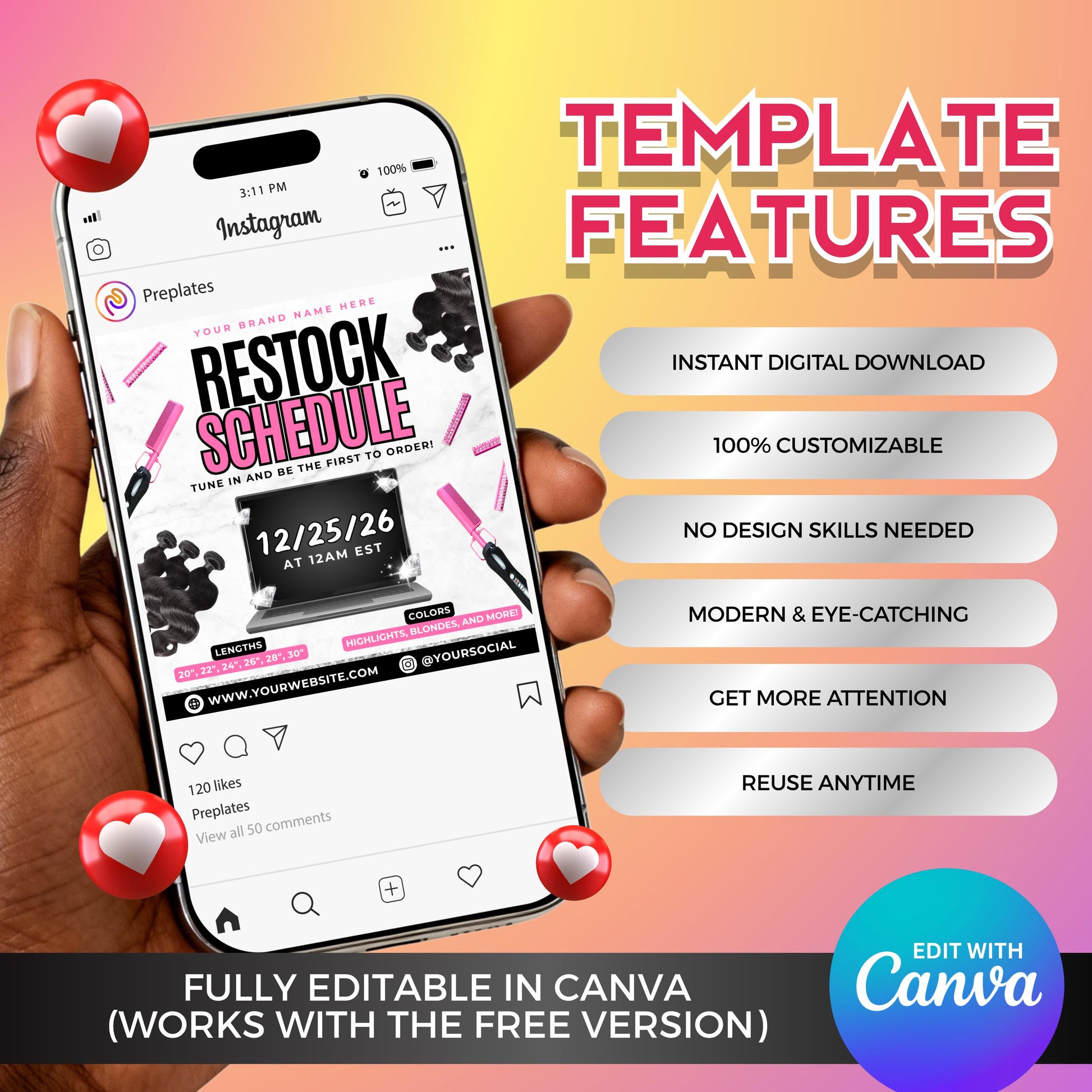 Hair restock announcement flyer template for beauty entrepreneurs — promotes wig restock, hair bundle sales, and new product drops with a bold black and pink design.