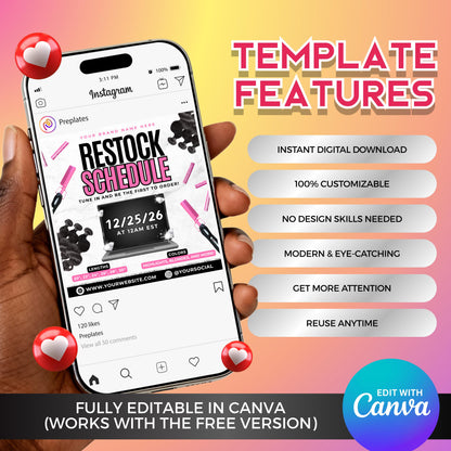 Hair restock announcement flyer template for beauty entrepreneurs — promotes wig restock, hair bundle sales, and new product drops with a bold black and pink design.
