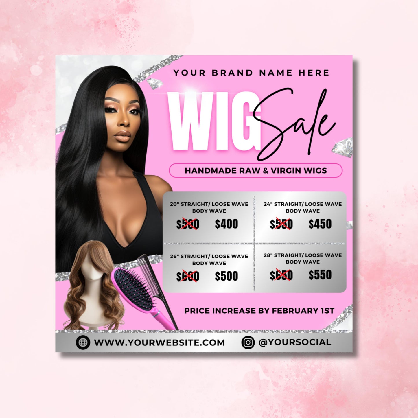pink modern hair business flyer template editable in canva — promote limited-time wig sales, hair vendor promotions, and beauty brand offers with eye-catching professional design.