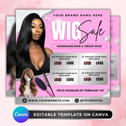 Digital wig sale flyer template for Canva — ideal for hair business owners to advertise raw or virgin wigs, attract new clients, and grow social media presence.