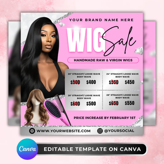 Digital wig sale flyer template for Canva — ideal for hair business owners to advertise raw or virgin wigs, attract new clients, and grow social media presence.