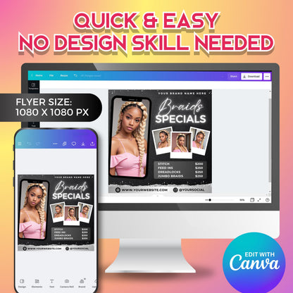 Braid price list flyer template made in Canva for hairstylists and locticians — editable salon marketing design to showcase service prices like feed-ins, dreadlocks, and jumbo braids with elegant visuals.