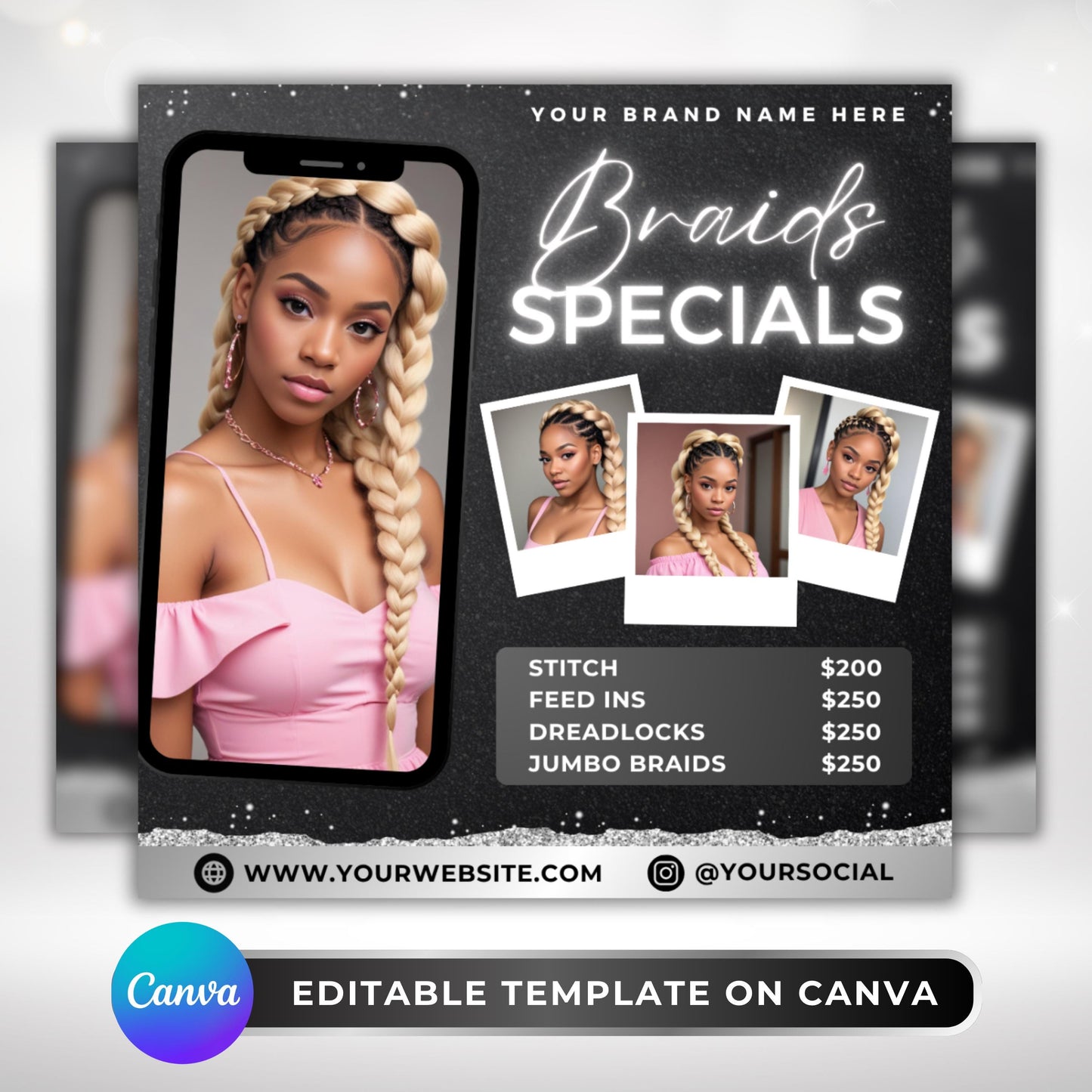 editable braids flyer canva template for braiders and salon owners to promote braid specials, stitch braids, and hair services — modern beauty business design featuring a model with jumbo braids in soft pink tones.