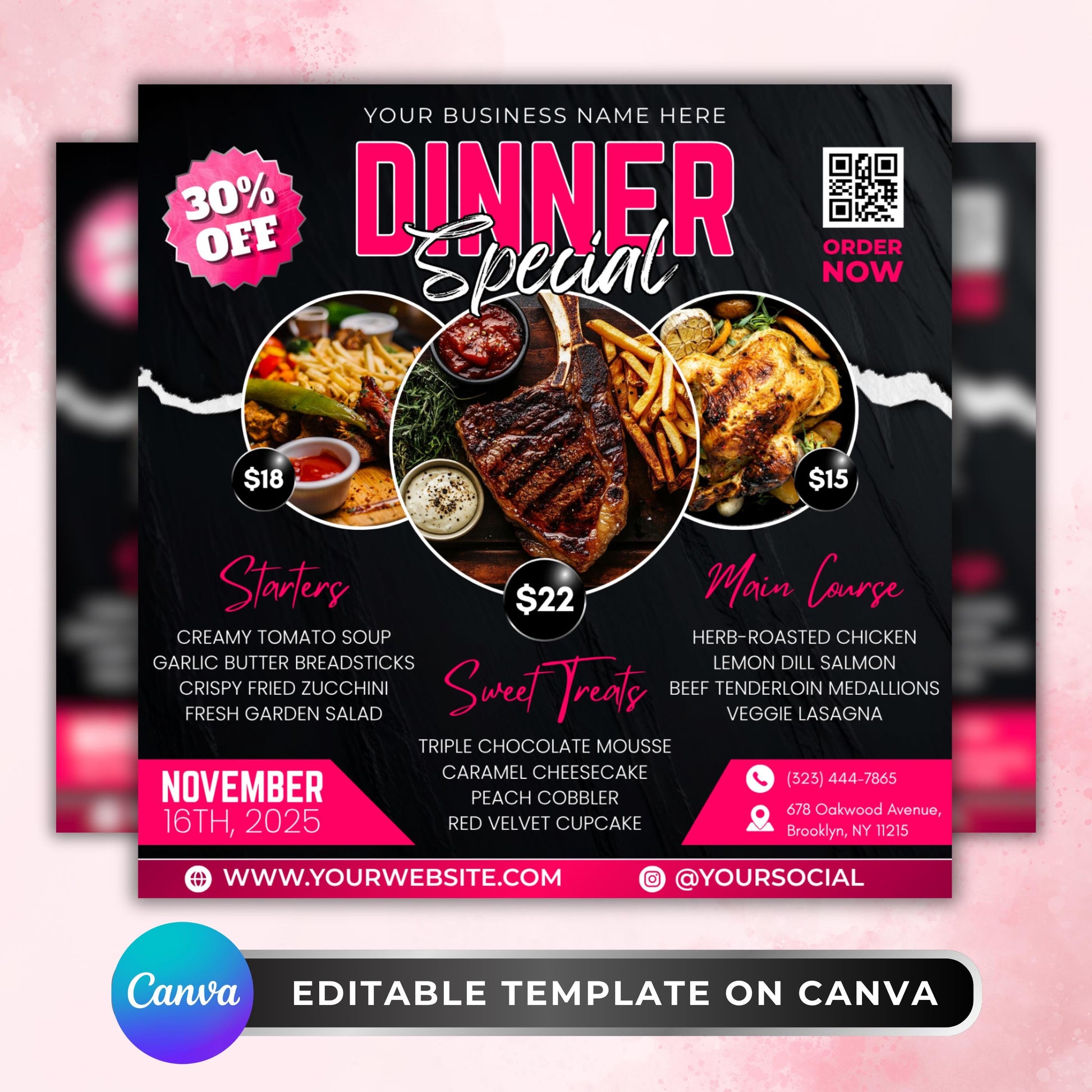 Café flyer template for food businesses — bold and professional Canva design for dinner promotions, weekly menu specials, or restaurant marketing materials.