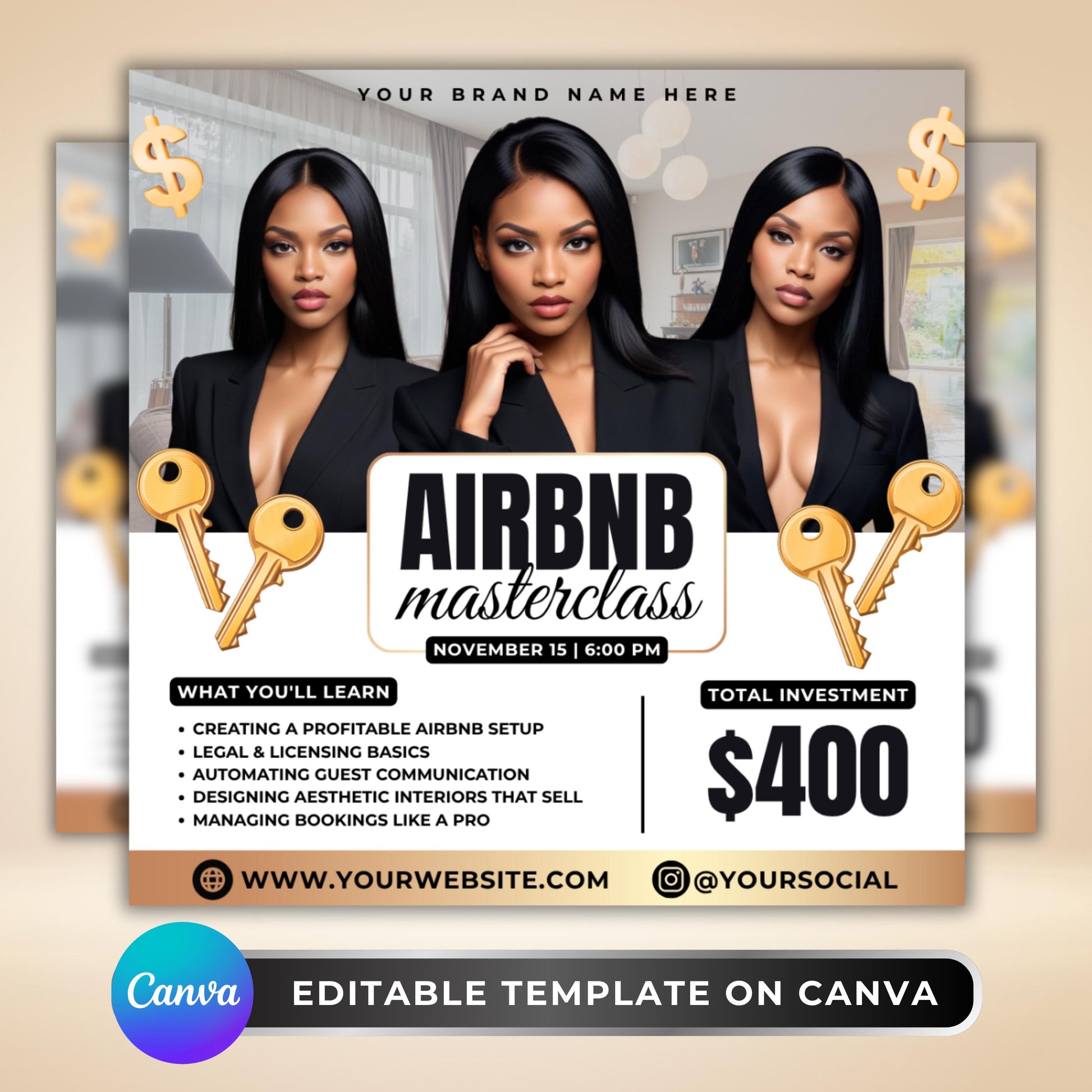 Editable Airbnb Masterclass Flyer Template for Canva — modern real estate workshop flyer design for Airbnb hosts, real estate investors, and short-term rental business owners.
