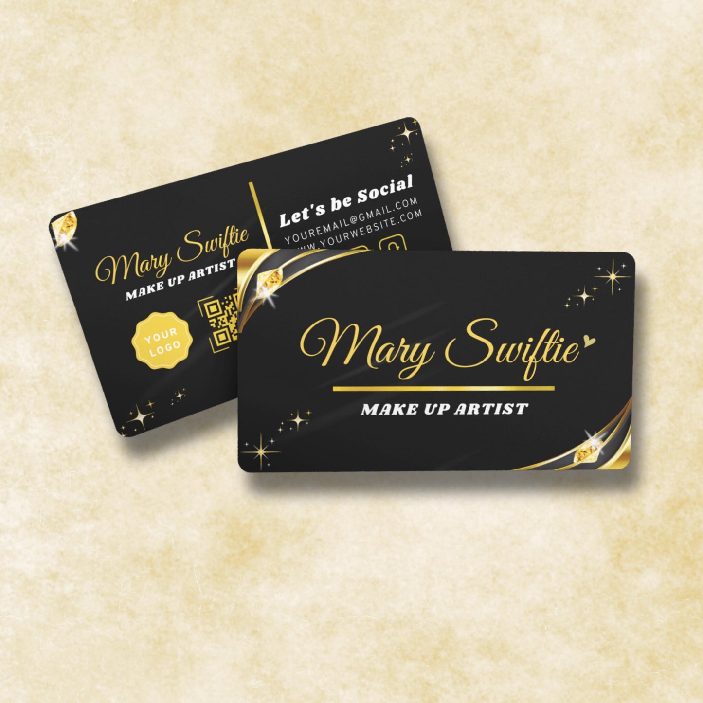 luxury salon business card for makeup artists, hairstylists, and beauty entrepreneurs — minimalist yet glamorous design with editable text fields, logo placeholder, and social media icons in canva.
