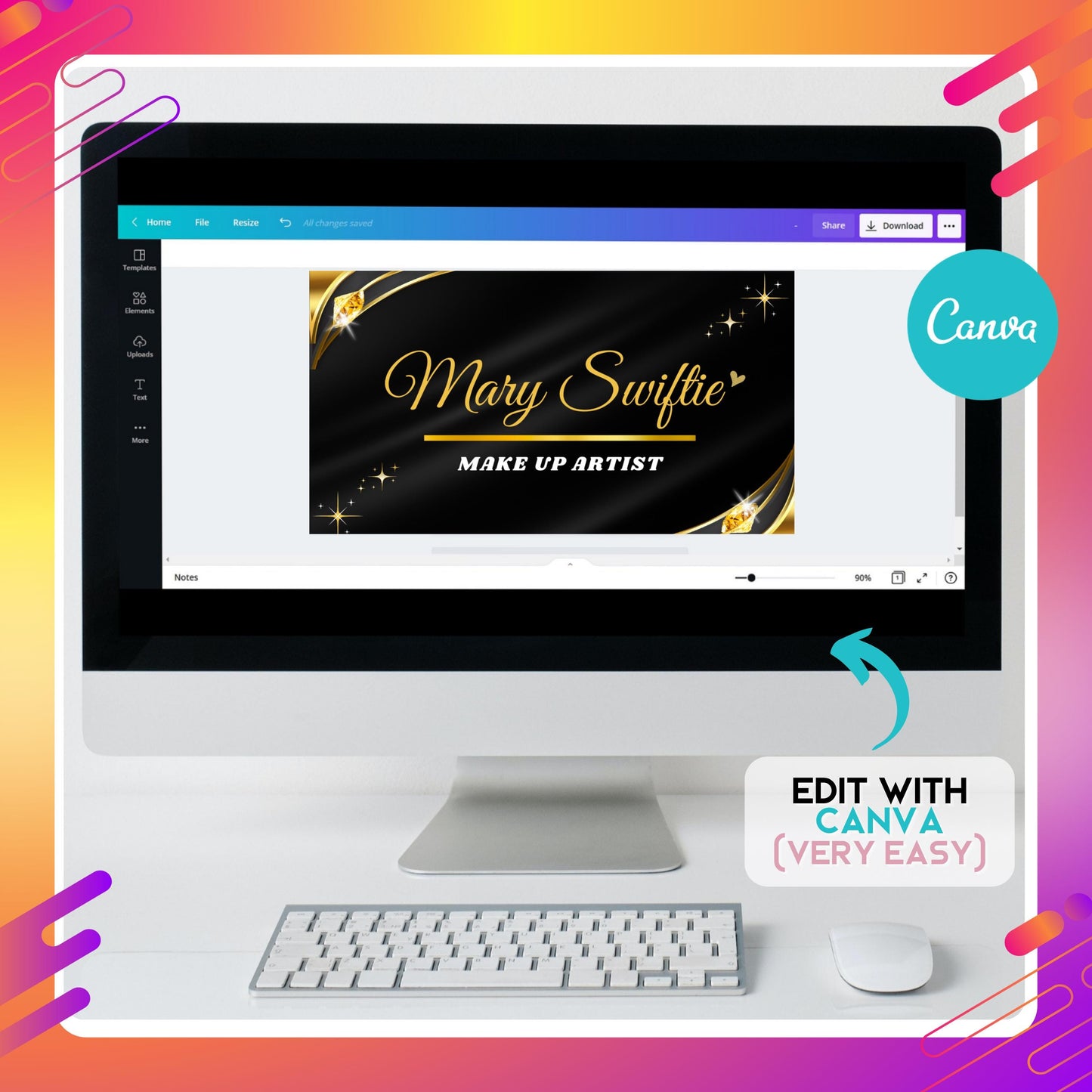 elegant makeup artist business card design in black and gold, created for salon owners, stylists, and freelancers — easy-to-edit canva template with a double-sided layout for premium beauty branding.